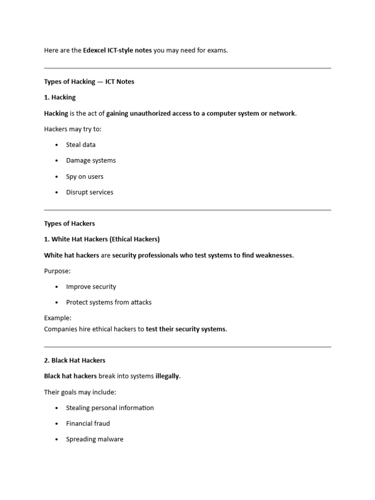 Short Summary Note For ICT Edexcel For Hacking Sub Topic | PDF
