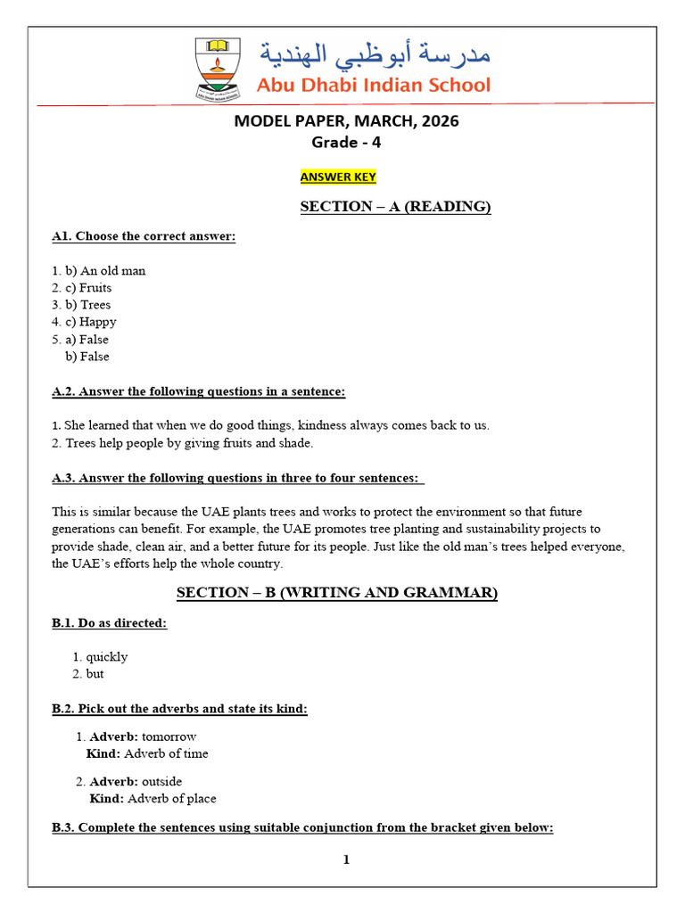 GRADE 4 - Model Paper (Final Exam) - Answer Key | PDF