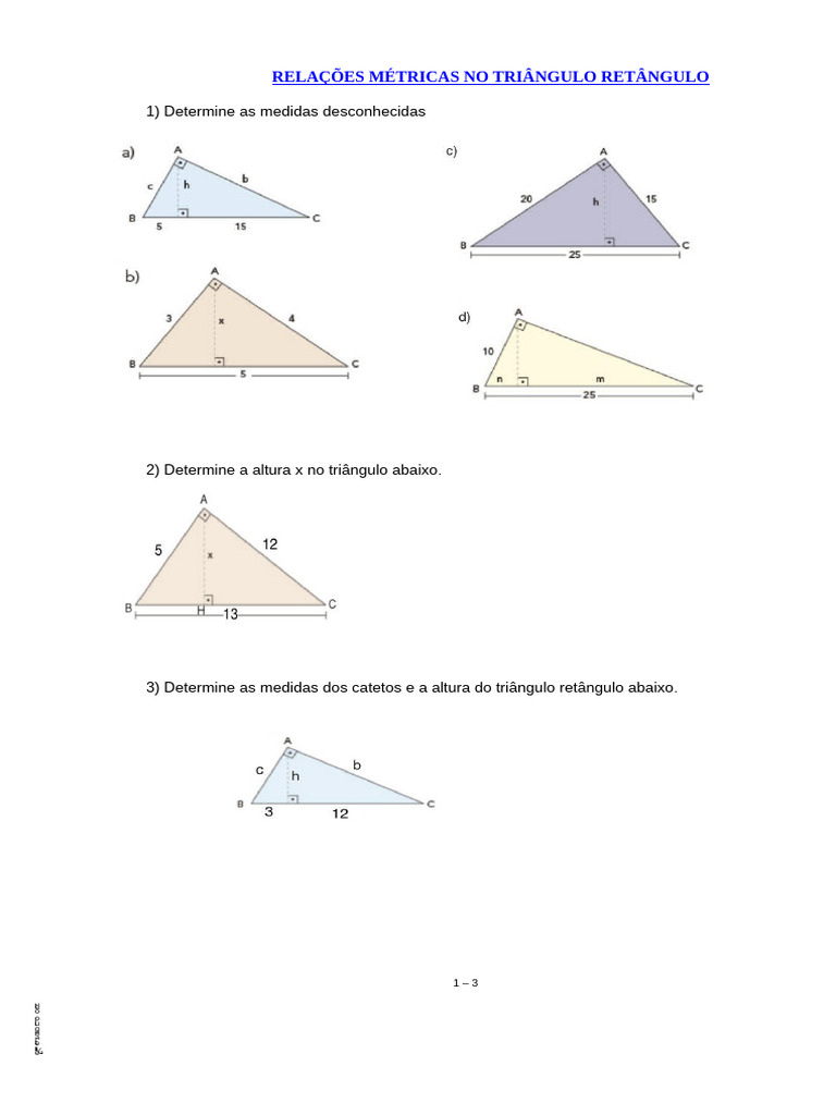 Lista Relações Métricas No Triângulo Retângulo 9 Ano | PDF