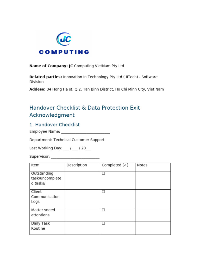 Handover Checklist & Consent | PDF
