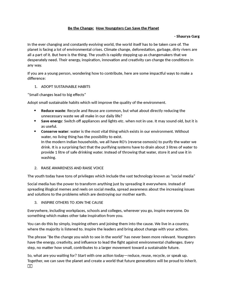 Be The Change, Shaurya, Article | PDF | Sustainability | Water