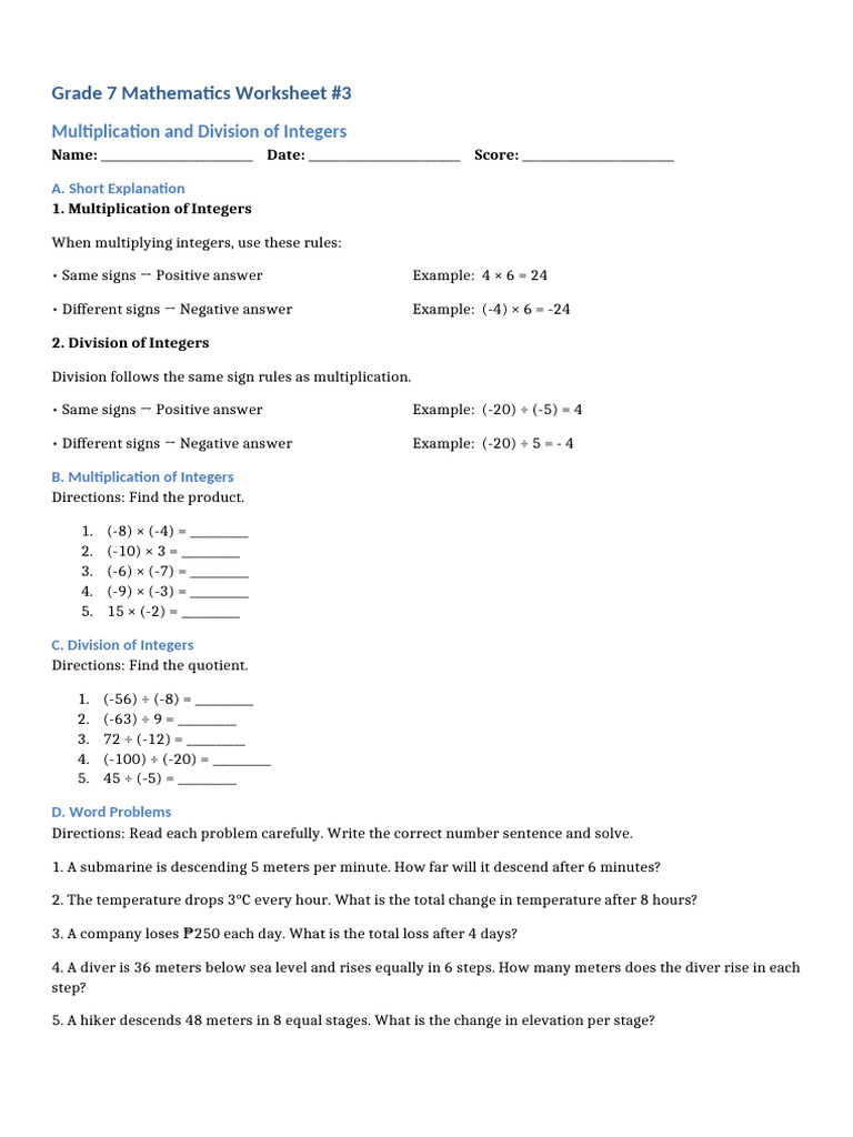 Worksheet-3 Multiplication and Division of Integers | PDF