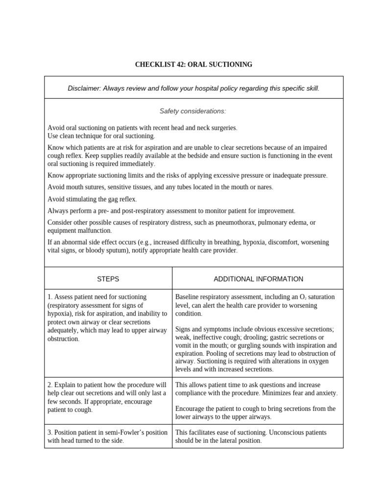 CHECKLIST 42 Oral Suctioning | PDF | Medical Specialties | Medicine