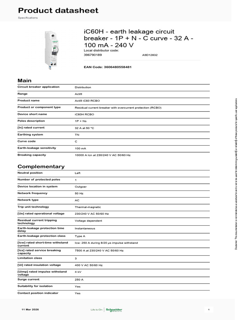 32A RCBO 2p Schneider Electric - Acti9-IC60-RCBO - A9DC1932 | PDF ...