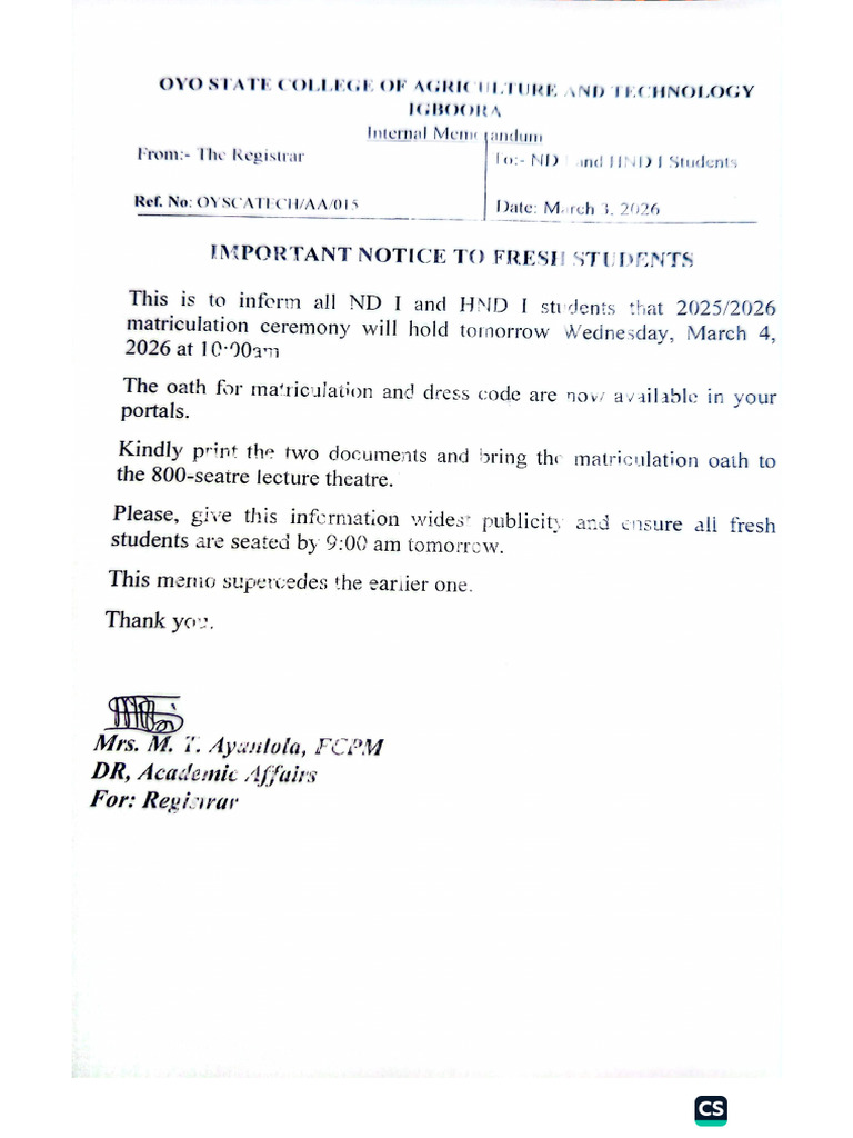 Important Notice To Fresh Students | PDF