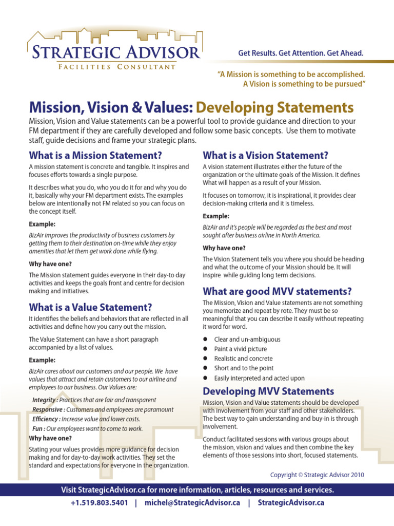 Handout - MVV Statements | PDF | Goal | Strategic Planning