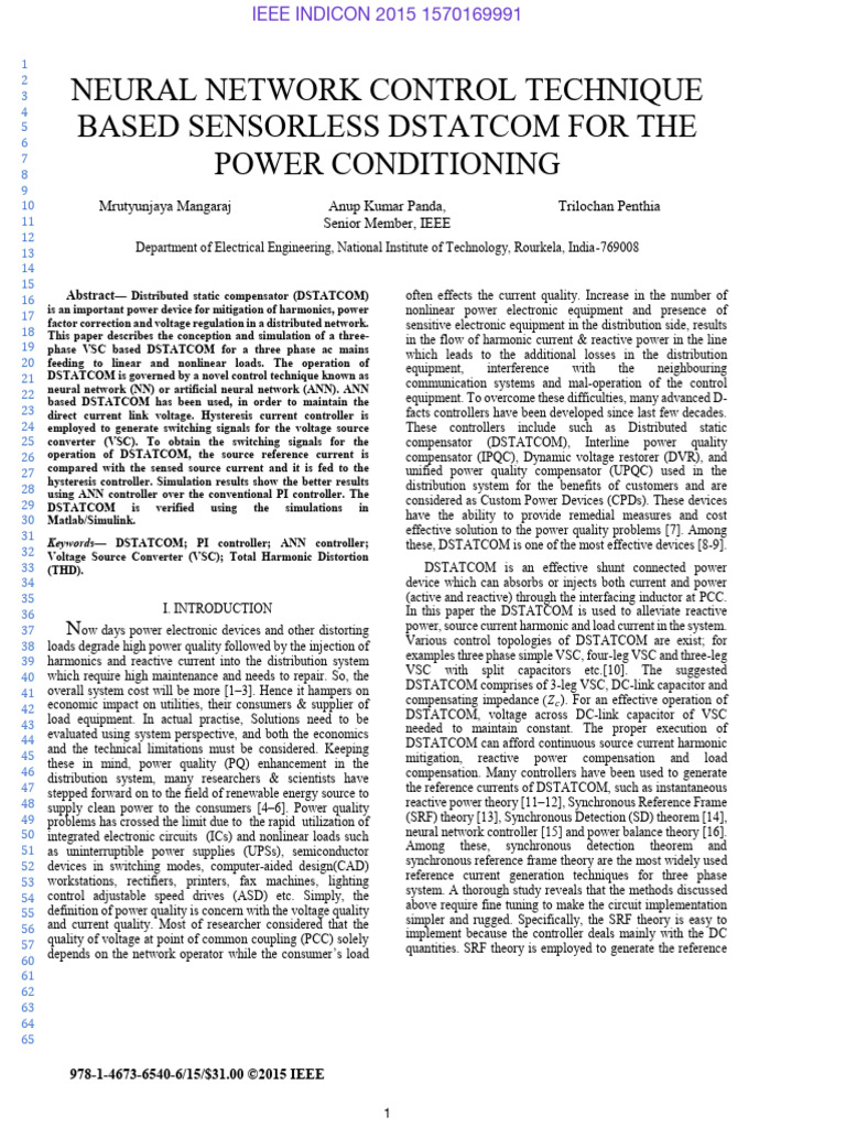 Neural Network Control Technique Based Sensorless DSTATCOM For The ...