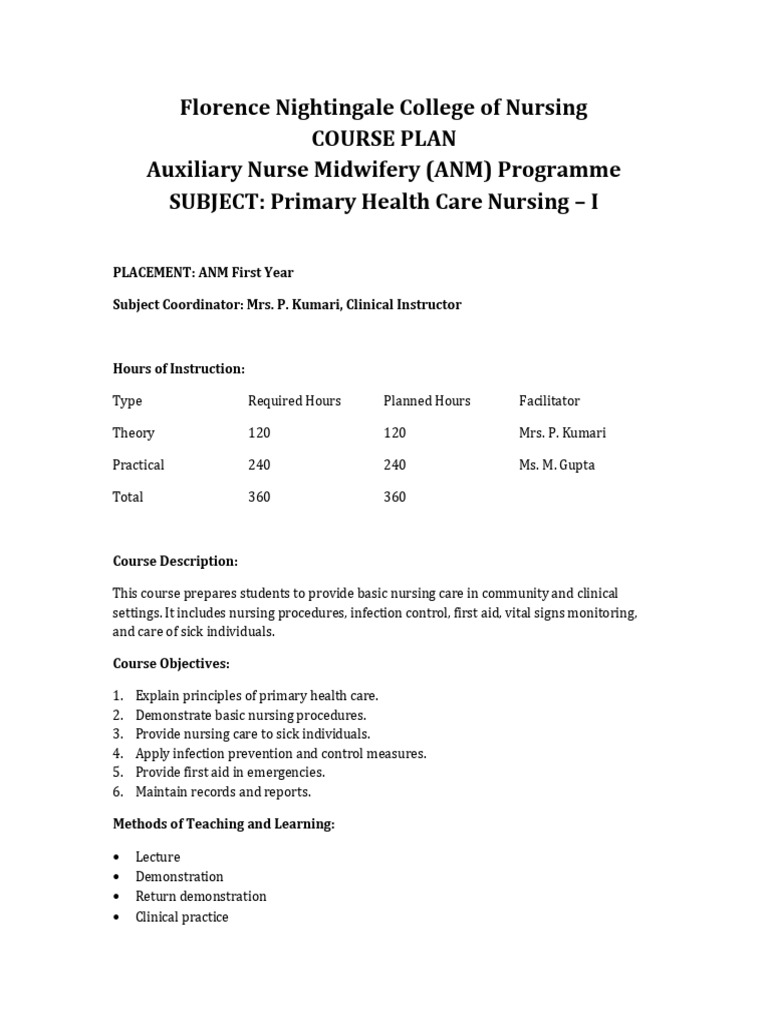 ANM Primary Health Care Nursing I Course Plan MSC Format | PDF ...