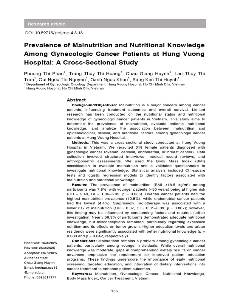 Prevalence of Malnutrition and Nutritional Knowledge Among Gynecologic ...