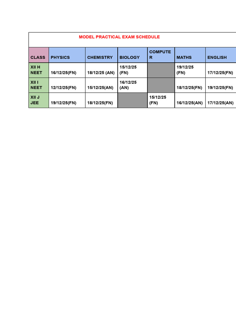 Model Practical Exam Schedule | PDF