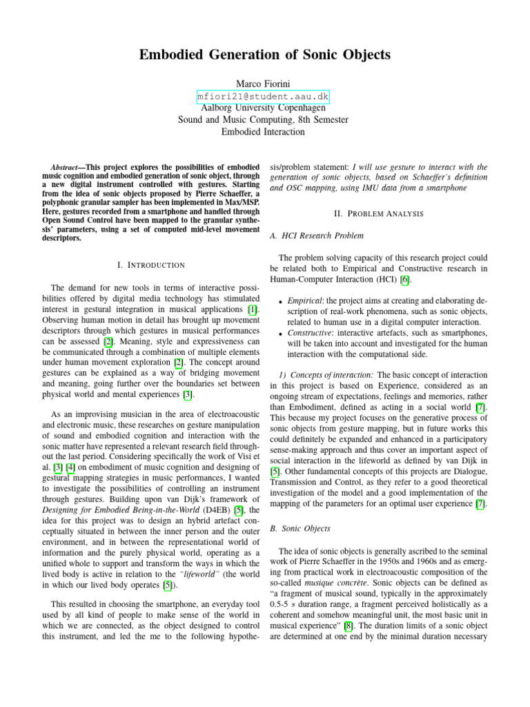 Embodied Generation of Sonic Objects | PDF | Embodied Cognition ...