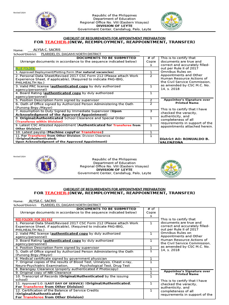 Appointment - Checklist Rev.2024 | PDF