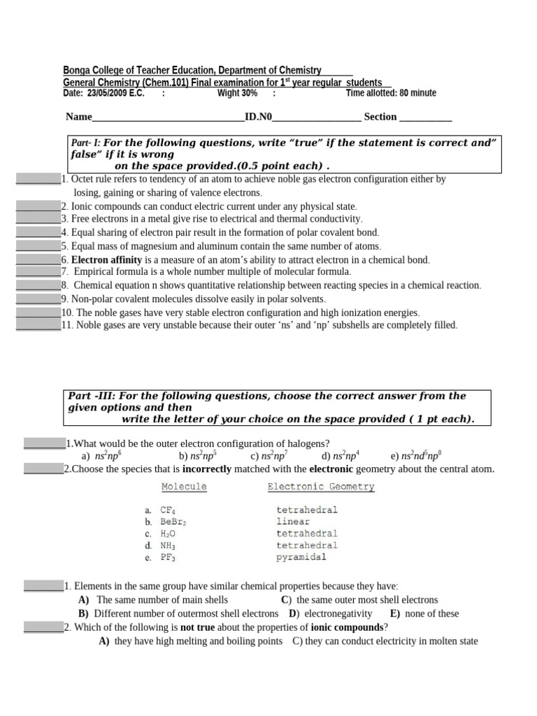 Chem 101 Final Examination | PDF | Chemical Bond | Covalent Bond