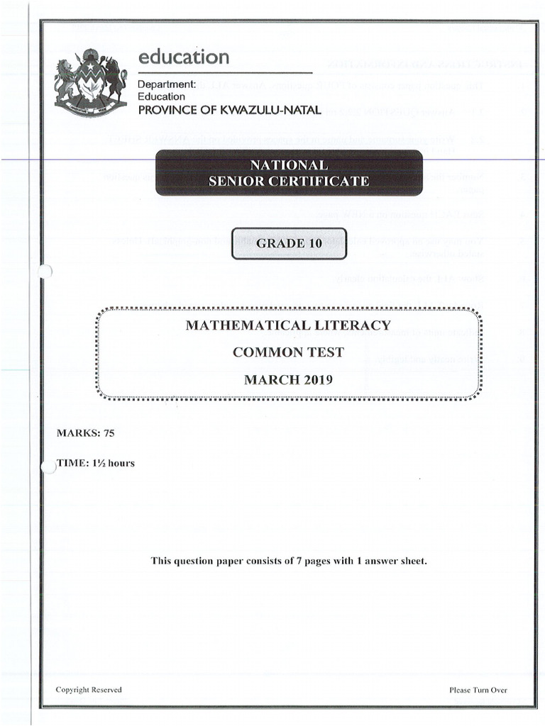 Maths Lit March 2019 | PDF