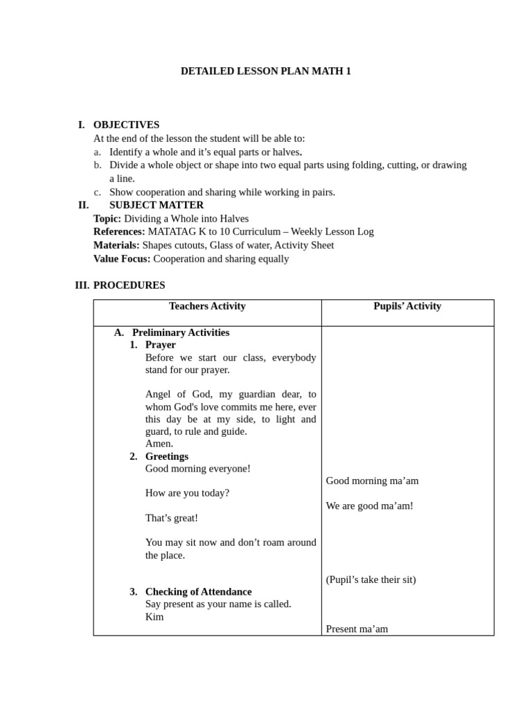 Lesson Plan Math 1 Demo 1 Mrs Barrieta | PDF | Lesson Plan | Learning