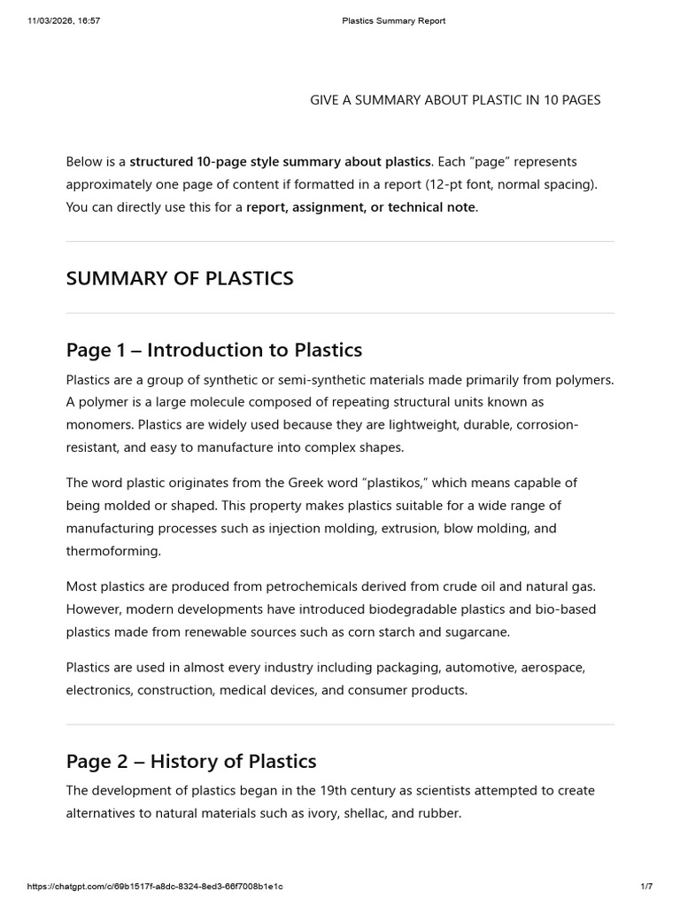 Plastics Summary Report | PDF | Plastic | Polymers