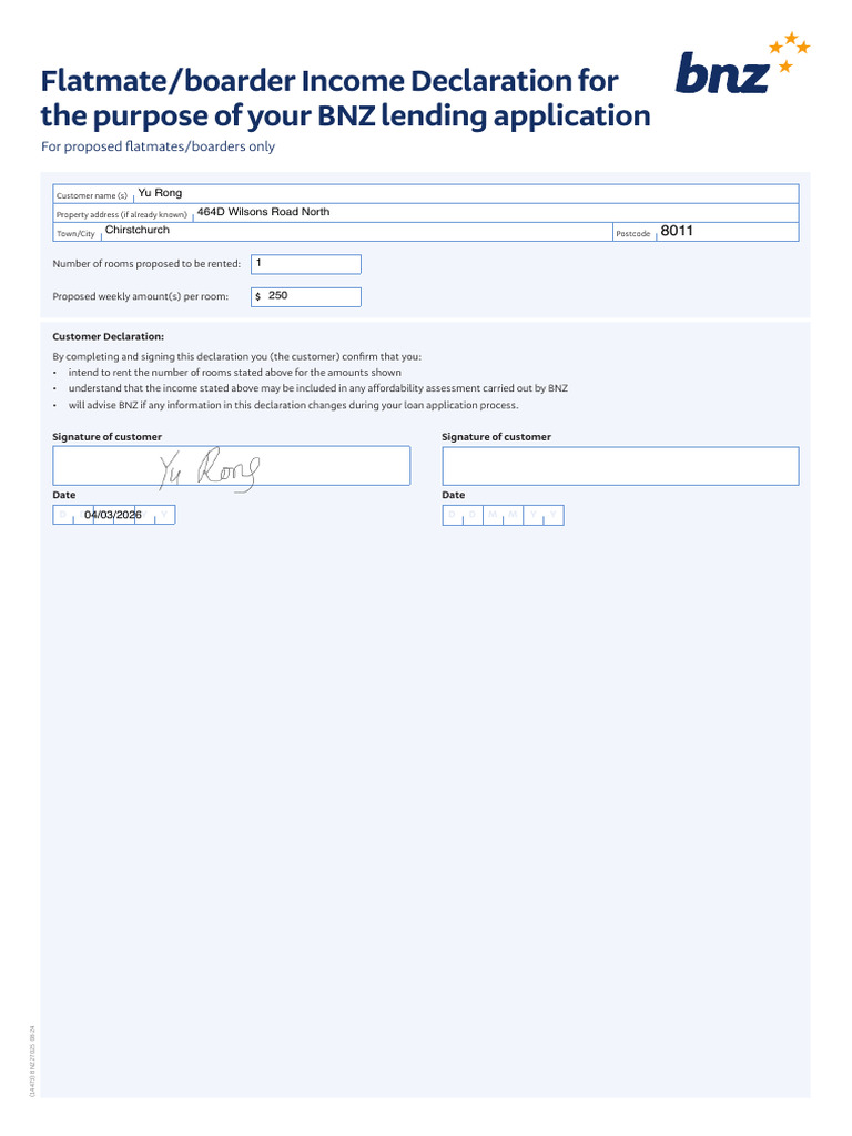 BNZ Flatmate - Boarder Income Declaration Form | PDF