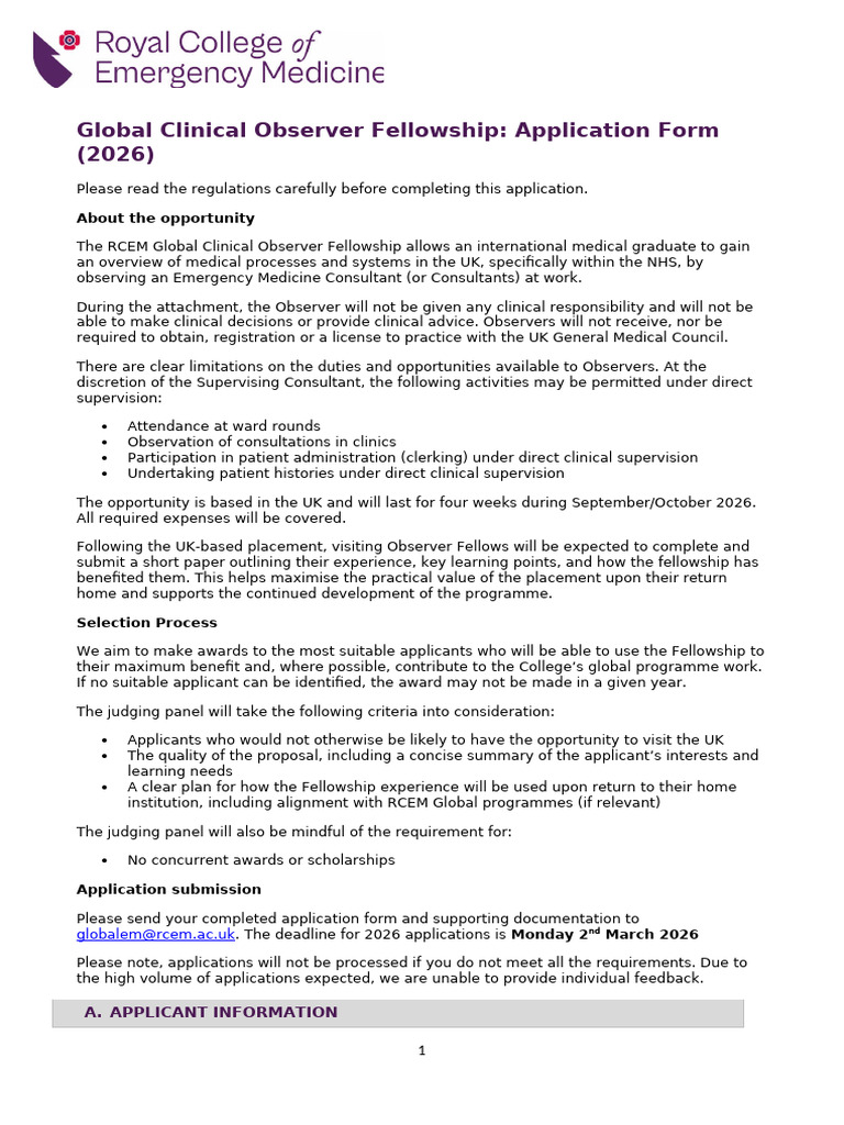 RCEM Observer Fellowships Application Form 2026 | PDF | Health Care