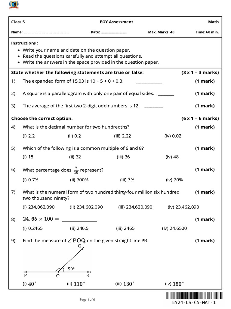 Question Paper EOY Assessment | PDF | Length | Mathematics