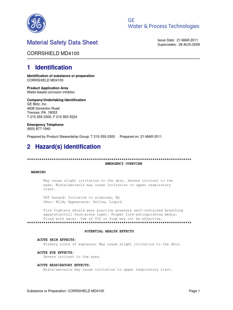 Corrshield Md4100 Pfs Msds | PDF | Waste | Sodium