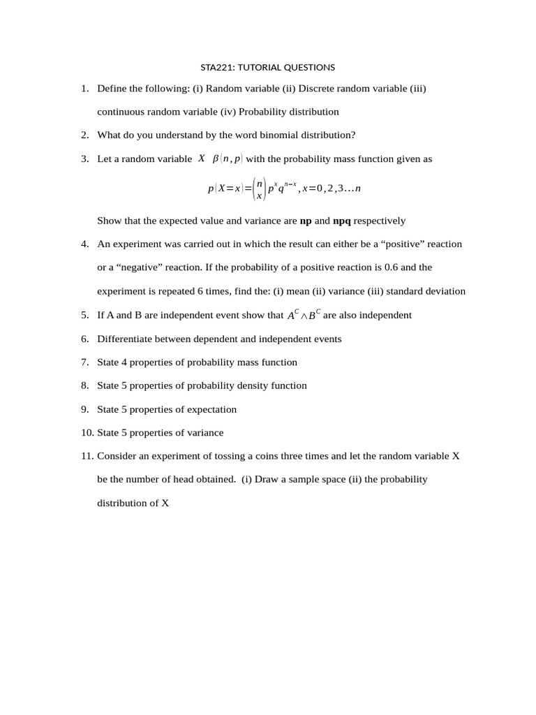 STA221 Tutorial Questions | PDF