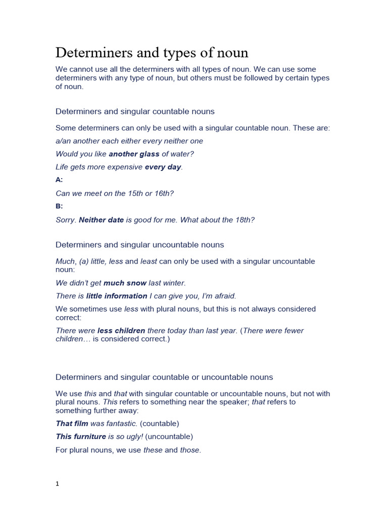 Determiners and Types of Noun | PDF | Plural | Noun