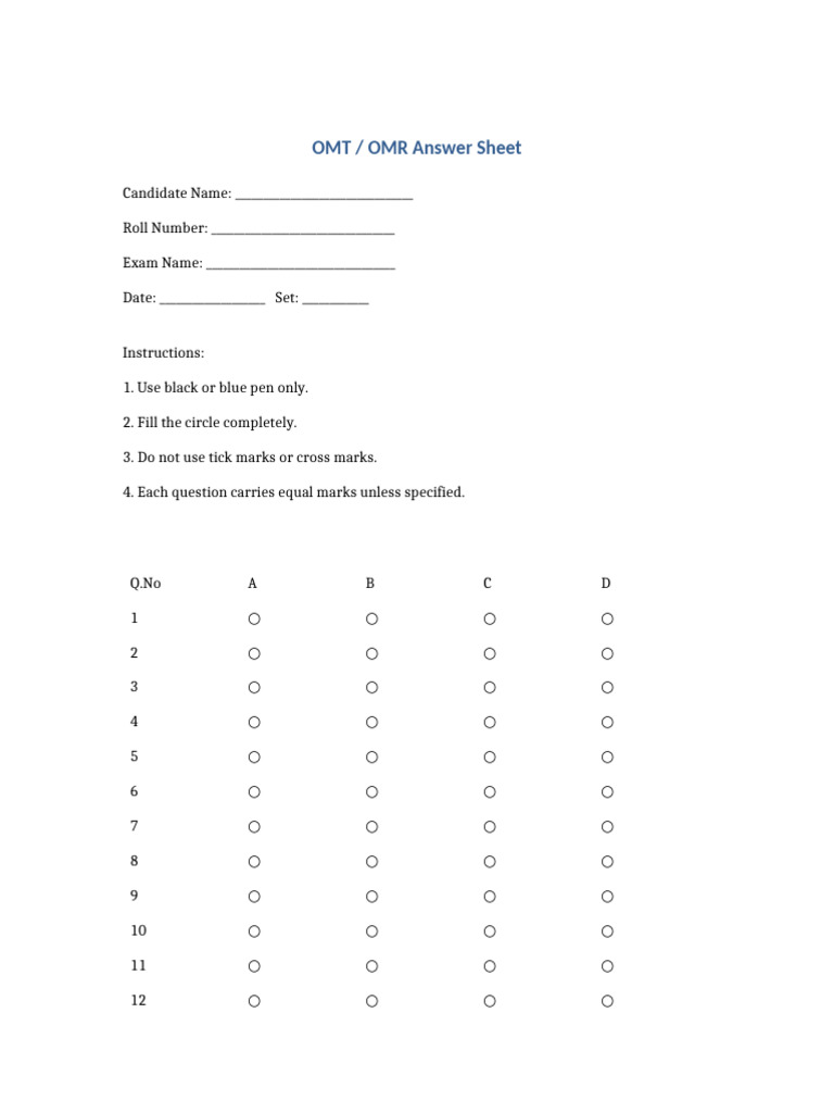OMT Answer Sheet | PDF