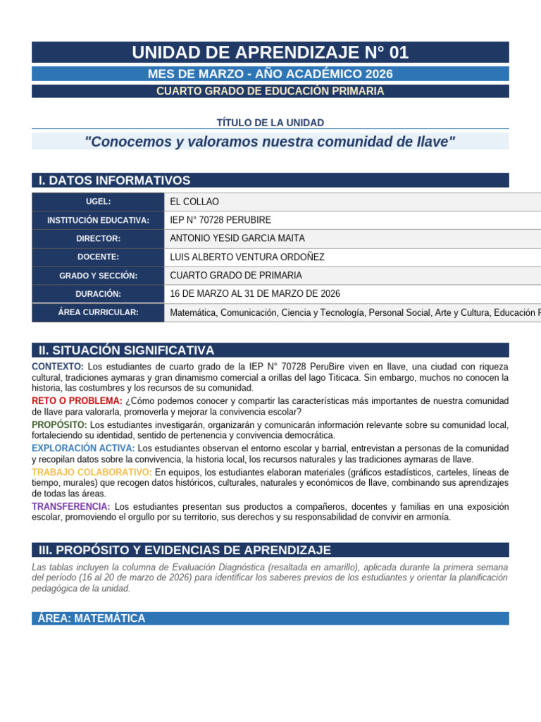 Unidad Aprendizaje 4to Marzo2026 IEP70728 | PDF | Evaluación | Las ...