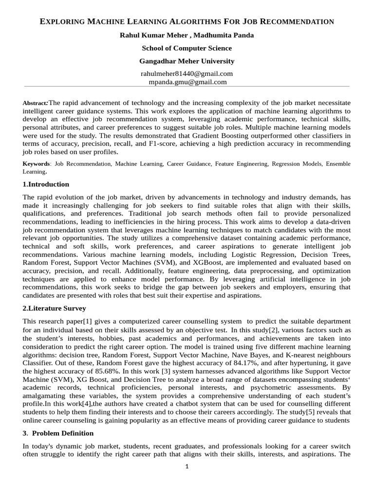 Paper - Exploring Machine Learning Algorithm For Job Recomendataion ...