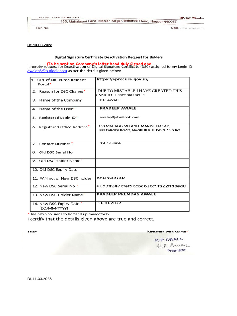 DSC Deactivation Format For Bidders | PDF