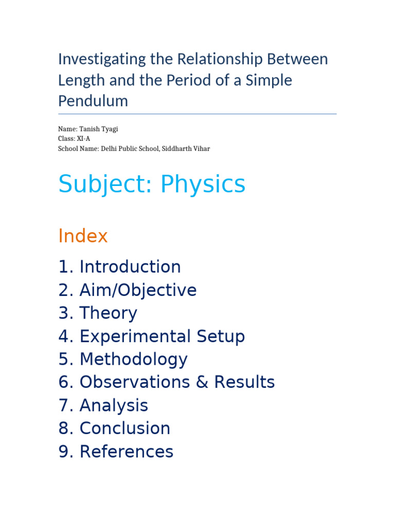 Pendulum Project Report Tanish Tyagi | PDF | Pendulum | Gravity