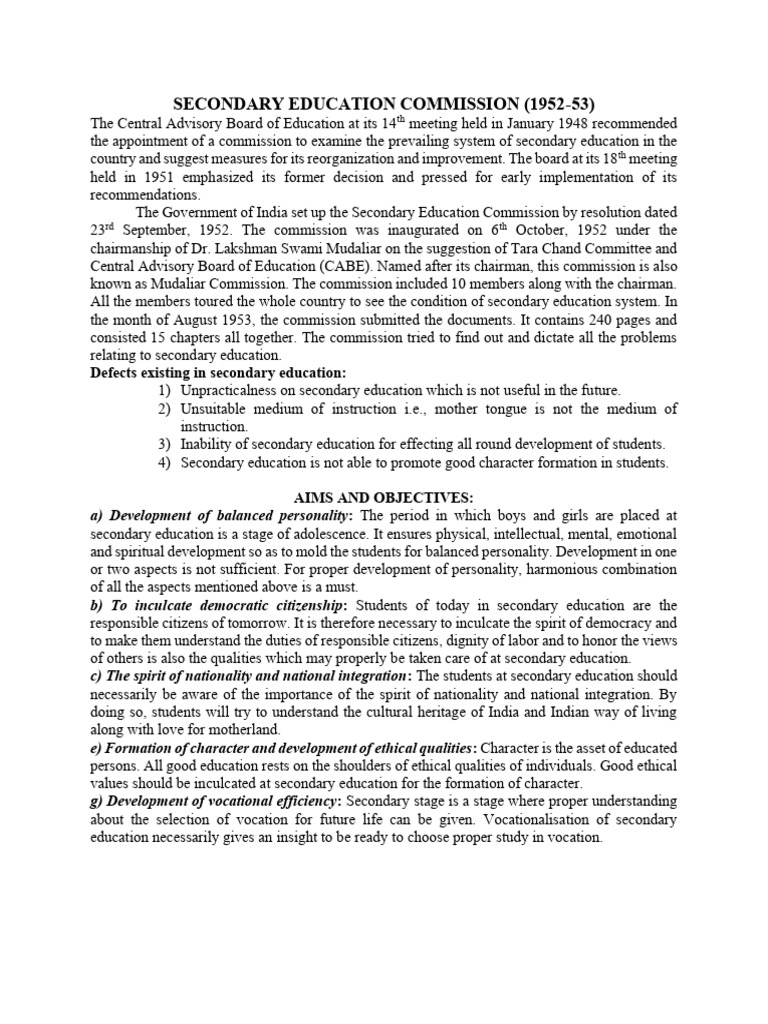 Secondary Education Commission (1952-53) | PDF | Schools | Teachers