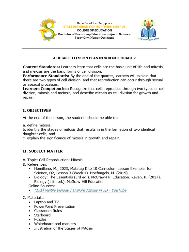 7es Lesson Plan Science 7 Mitosis | PDF | Mitosis | Chromosome