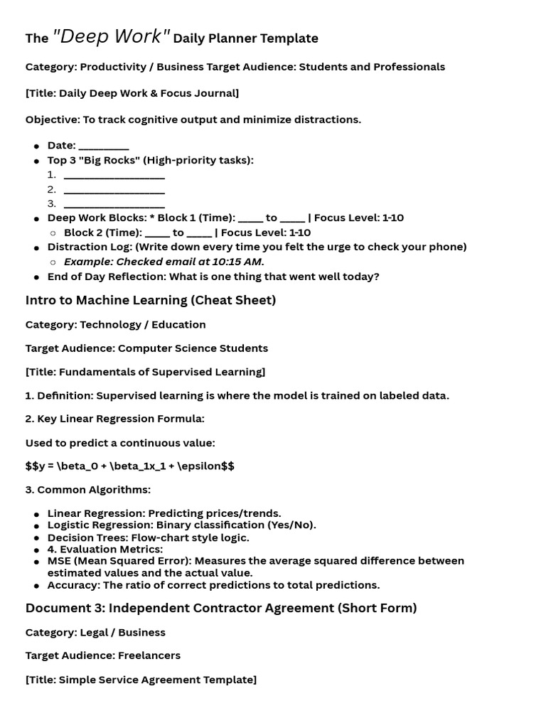 The Deep Work Daily Planner Template | PDF | Mean Squared Error ...