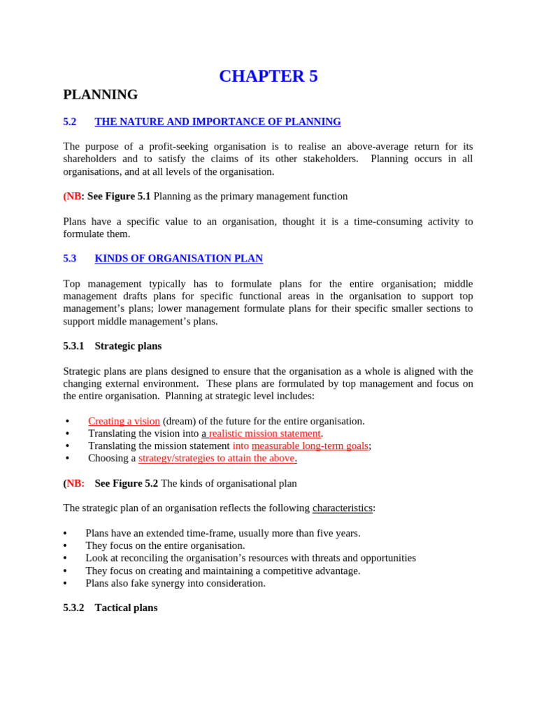 CHAPTER 5 - Planning Management Notes | PDF | Strategic Planning | Budget