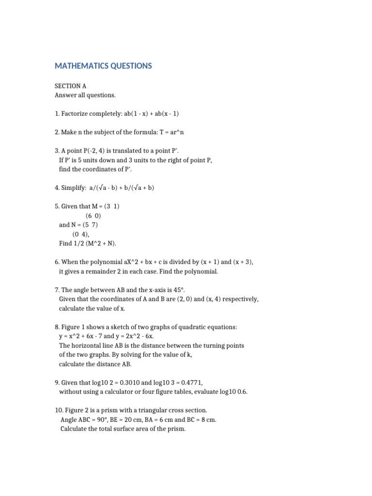 Mathematics Questions | PDF | Quadratic Equation | Euclidean Geometry