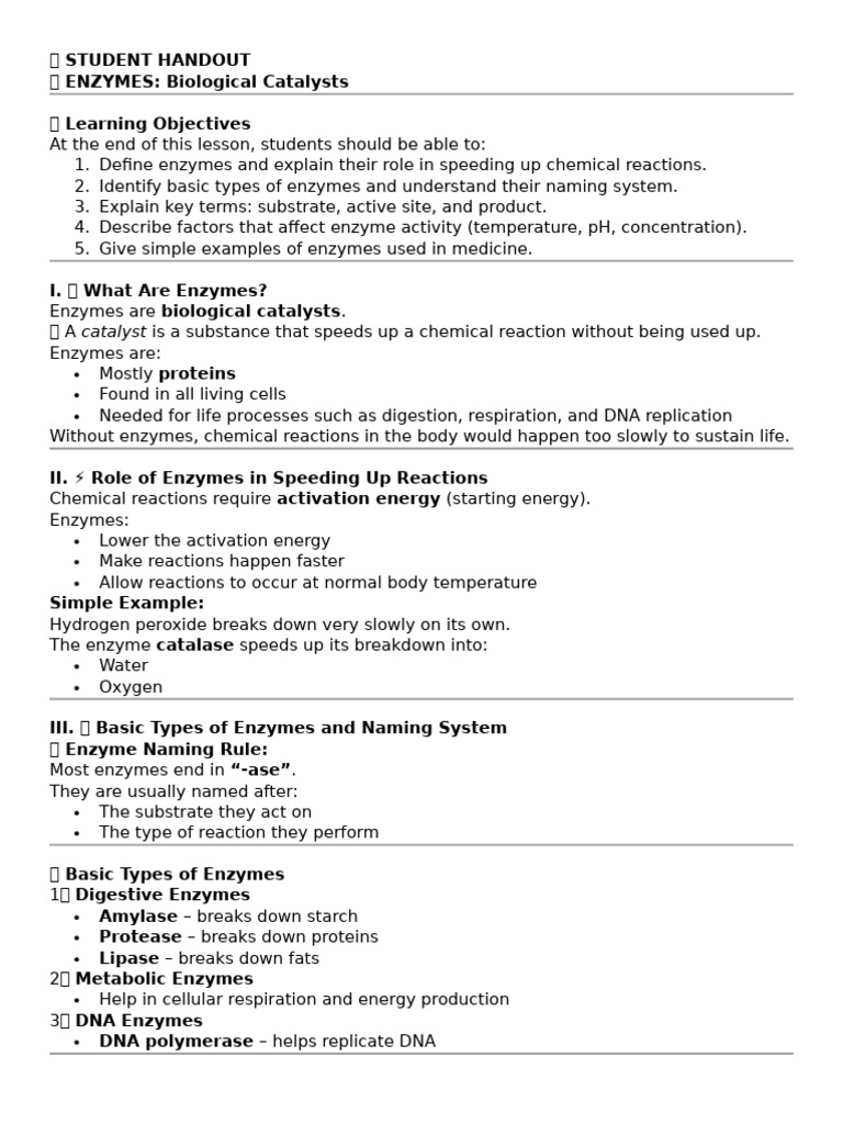 Student Handout Enzymes | PDF | Enzyme | Active Site