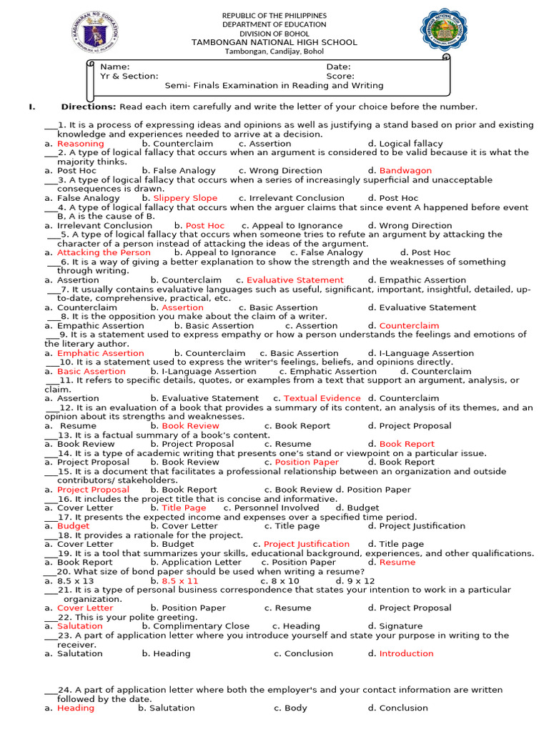 Reading and Writing Semi-Finals | PDF | Fallacy | Argument