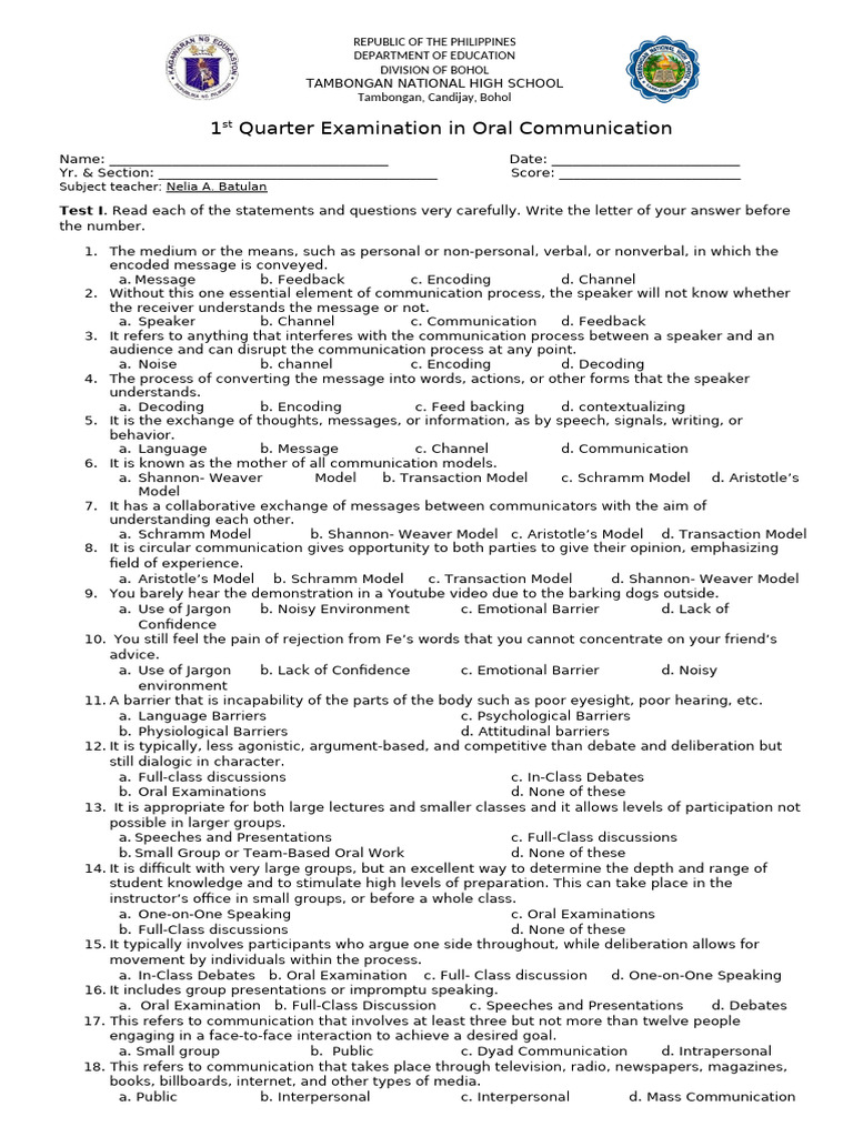 1st Quarter Exam in Oral Com - Print | PDF | Communication | Human Voice