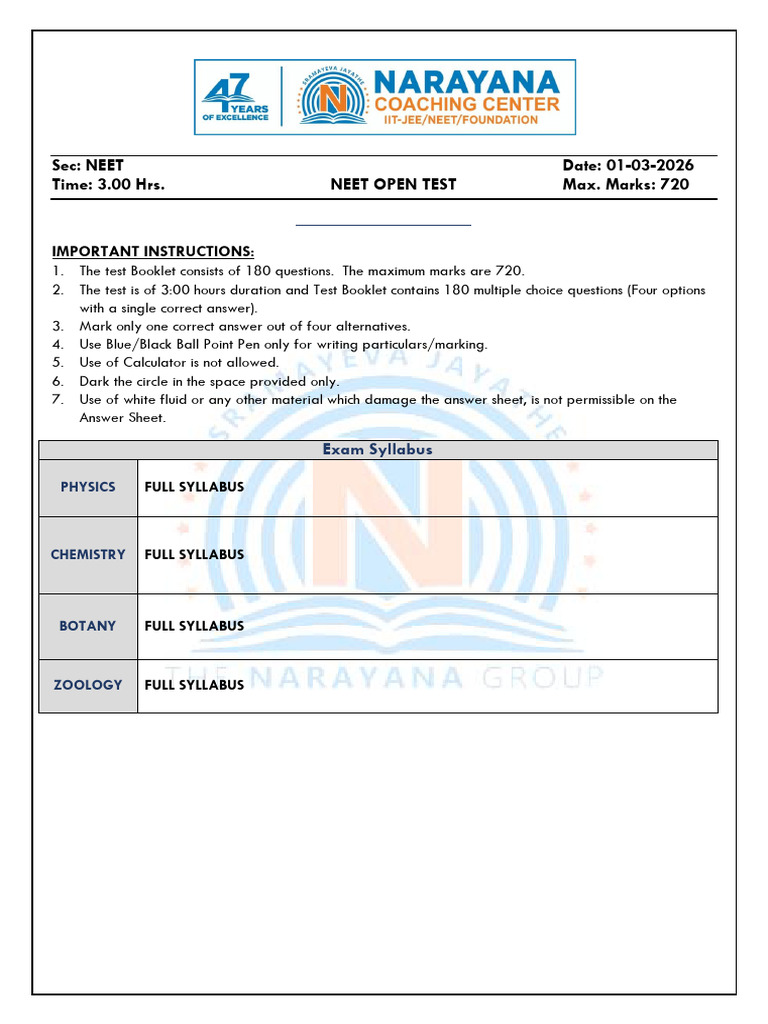 Neet - Open Test - Ex DT 01-03-2026 - QP | PDF | Heart | Atrium (Heart)