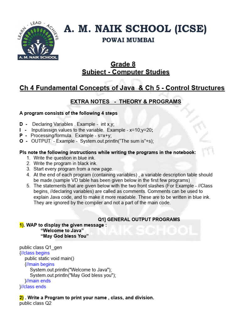 Gr8 Java Extra Notes Theory Programs | PDF | Integer (Computer Science ...