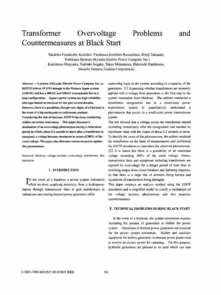 Transformer Overvoltage Problems and Countermeasures at Black Start | PDF
