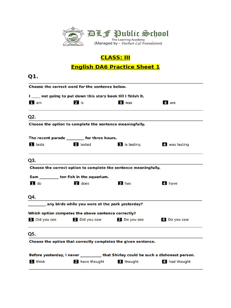 English DA6 Practice Sheet 1 | PDF