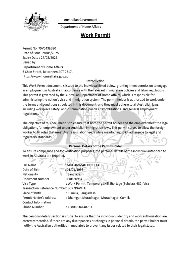 Work Permit A | PDF