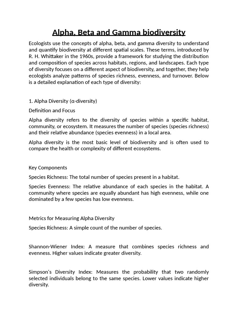 Alpha Beta and Gamma Diversity Note | PDF | Biodiversity | Conservation ...