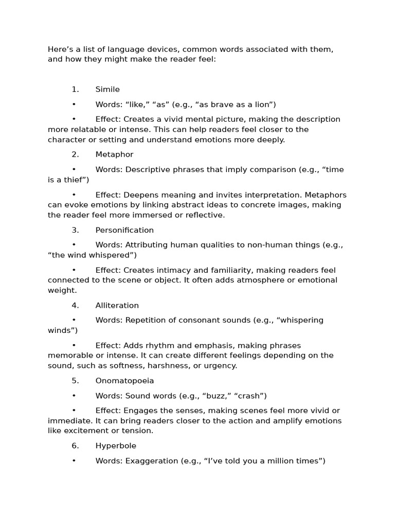 Language Devices and Effects | PDF | Metaphor | Emotions