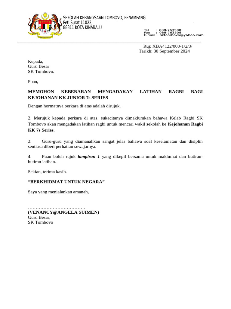 Surat Memohon Kebenaran Mengadakan Latihan Ragbi KK Junior 7s Series | PDF