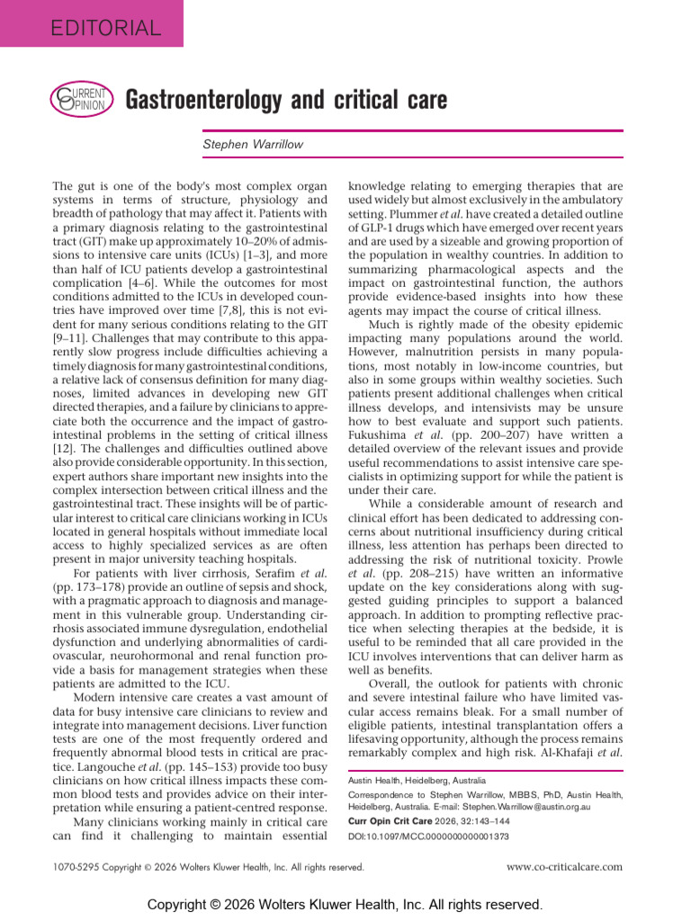 Gastroenterology and Critical Care: Editorial | PDF | Intensive Care ...