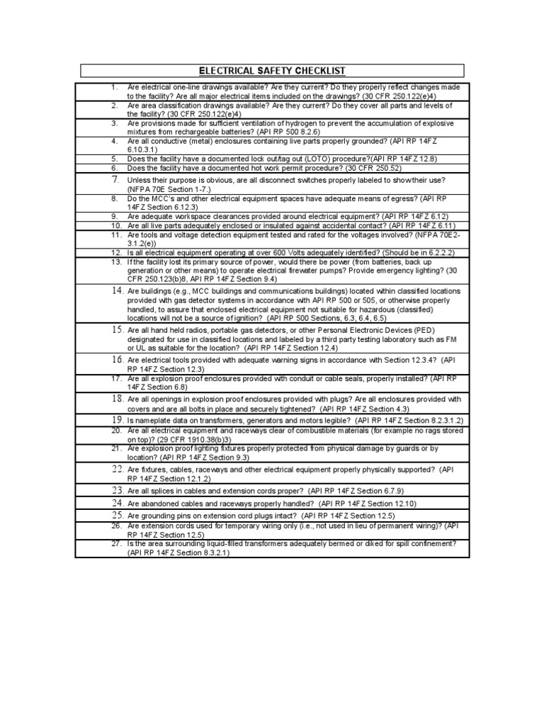 Electrical Safety Compliance Checklist | PDF | Electrical Wiring ...