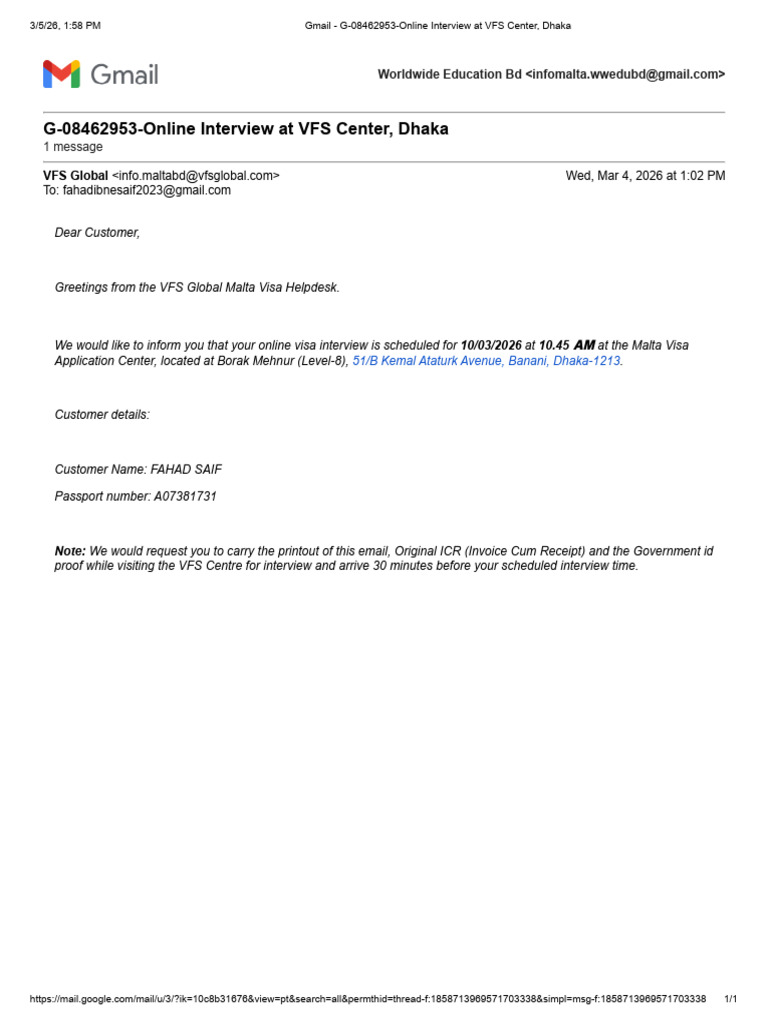 Gmail -FAHAD SAIF- G-08462953-Online Interview at VFS Center, Dhaka | PDF